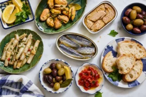 Ispaniškų jūros gėrybių konservų tapas lenta su alyvuogėmis