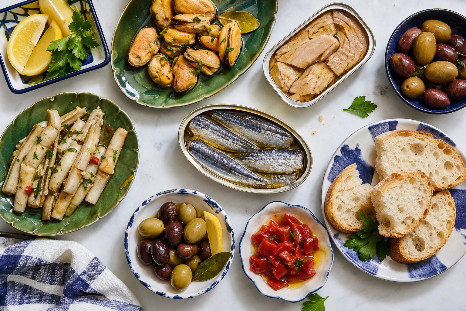 Ispaniškų jūros gėrybių konservų tapas lenta su alyvuogėmis