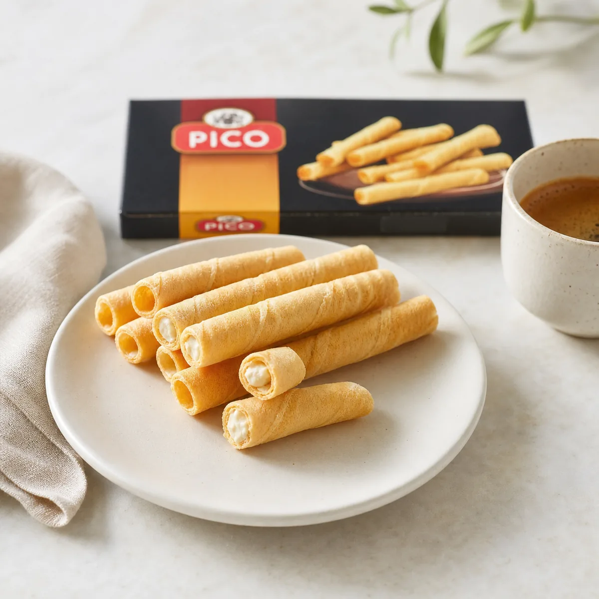 Picó nugos kremu įdaryti vafliniai vamzdeliai patiekti prie espresso